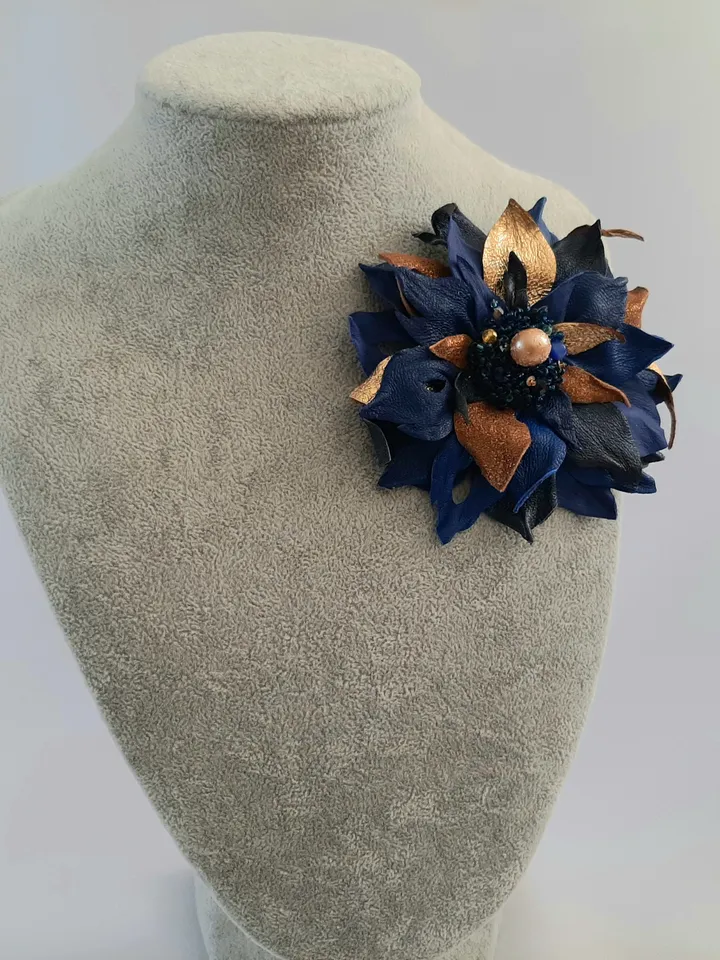 Blue leather brooch for her , 3rd anniversary gift for wife, Leather women's jewelry