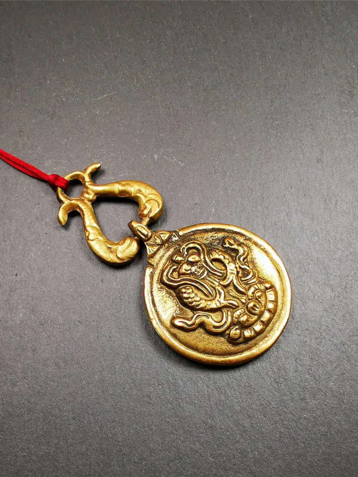 Gandhanra Vintage Tibetan Buddhist Calendar Badge,Melong Mirror, SIPAHO Amulet(srid pa ho),Jiugong Bagua,made of Brass,1.8&quot;