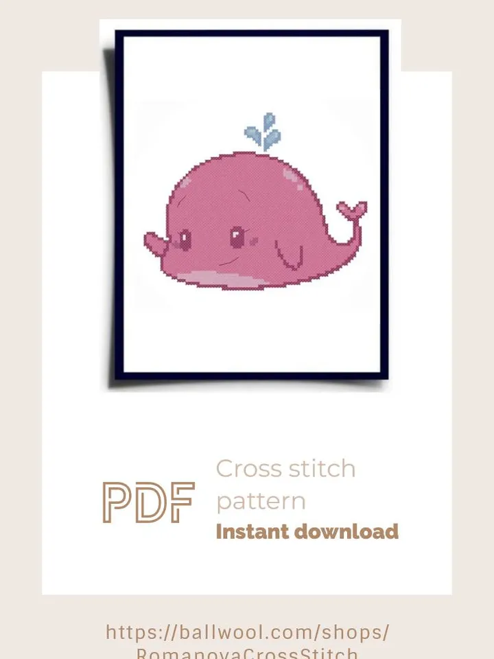 Pink Whale cross stitch PDF pattern, Cute Embroidery for baby, Instant download