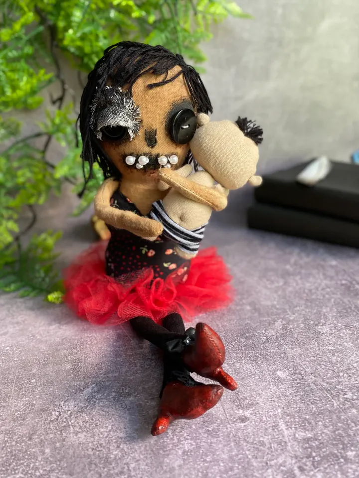 zombie family mother and son. handmade cloth dolls