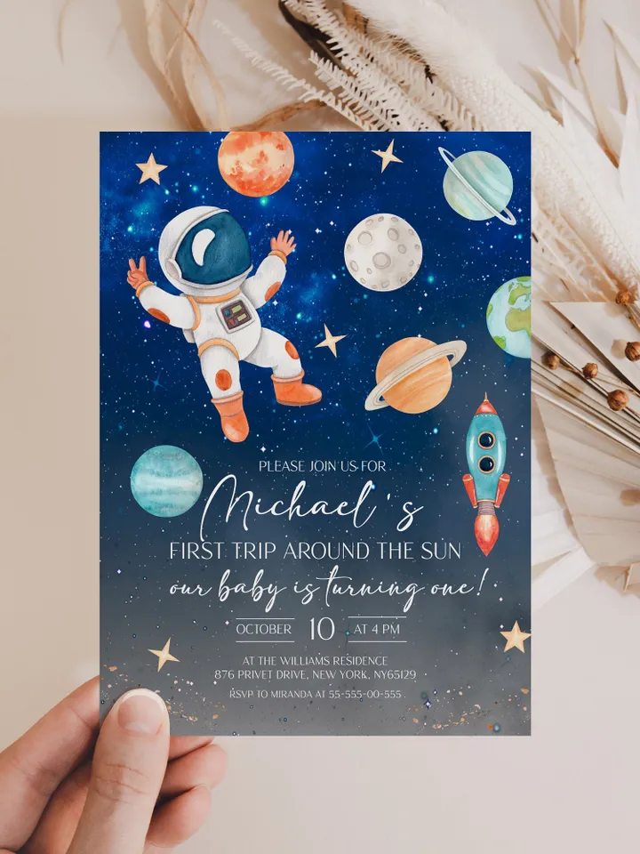 Editable First Trip Around the Sun Galaxy Blast Off Invitation Space Birthday Party Galaxy First Birthday Party Template Outer Space