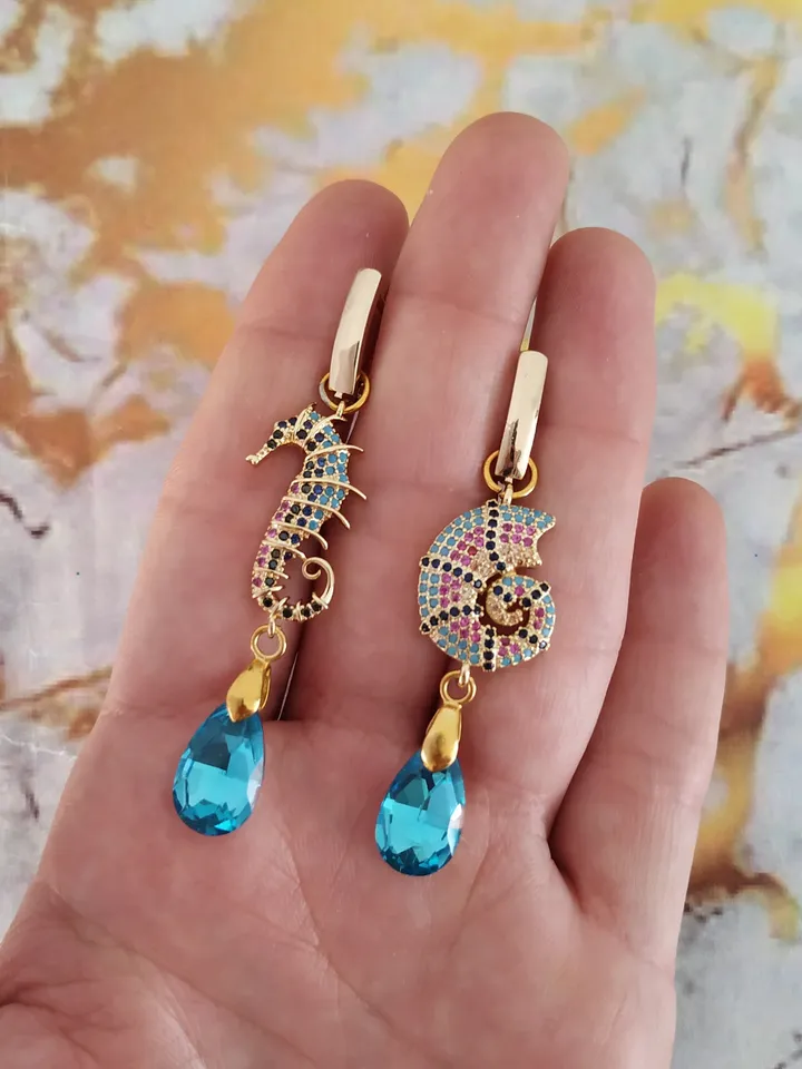 Gold | Turquoise Wedding Earrings with Seahorse and Shell | Beach Wedding Jewelry | Drop Chandelier Statement Bridal Earrings | Gift For Her