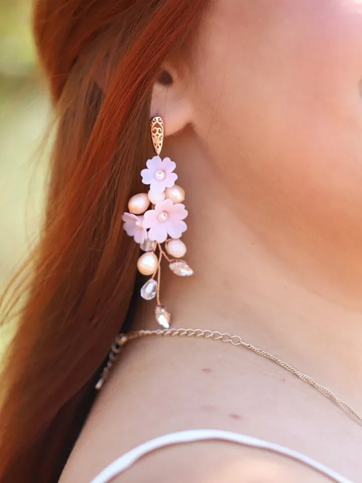 Rose Gold Blush Pink Flower Boho Wedding Earrings, Gold Freshwater Pearl Bridal Earrings, Swarovski Statement Floral Wedding Jewelry Set,