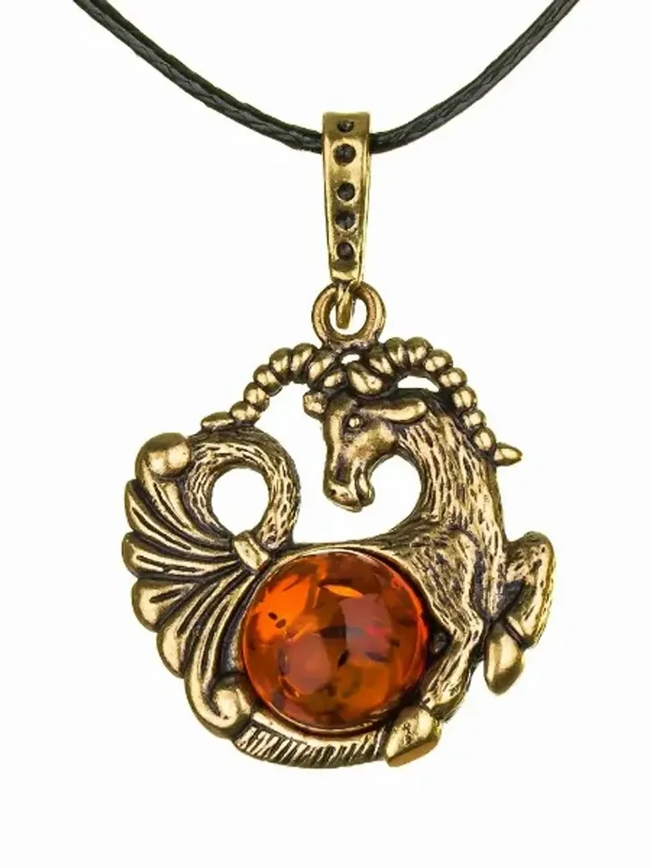 Amber Capricorn Zodiac Necklace Pendant Gold Baltic Amber Pendant Jewelry Women Men Christmas Birthday Gift Friend boyfriend Office everyday jewelry