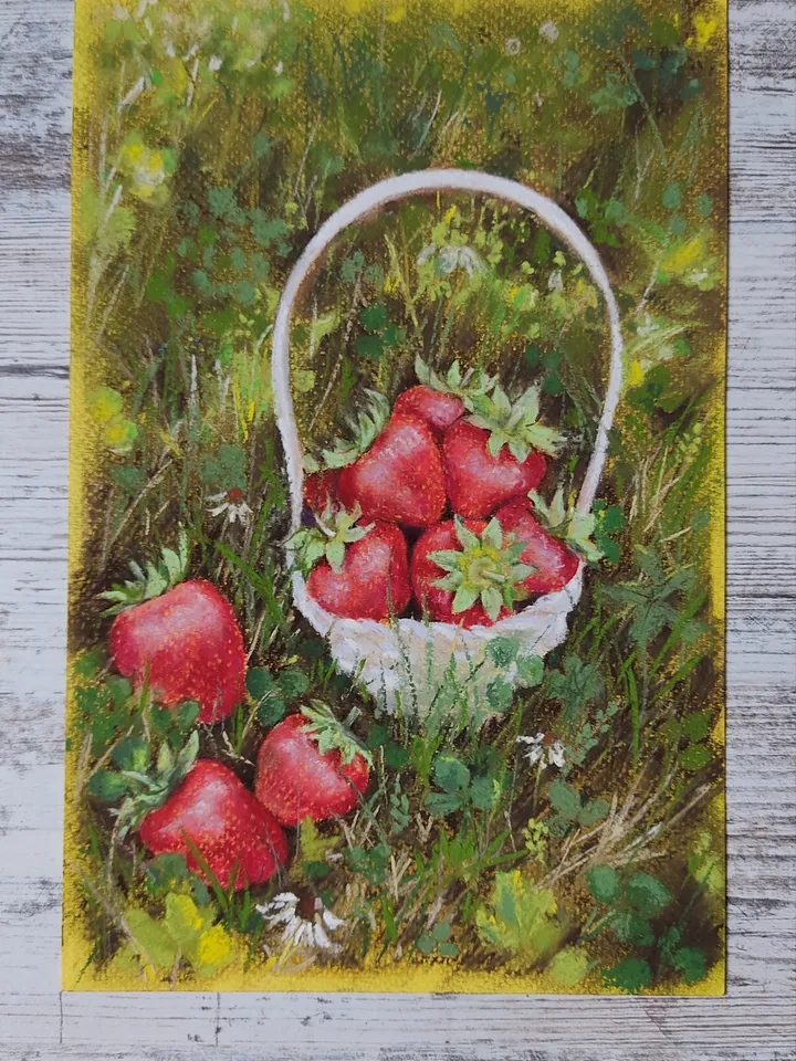 Strawberry Basket. Original soft pastel drawing.