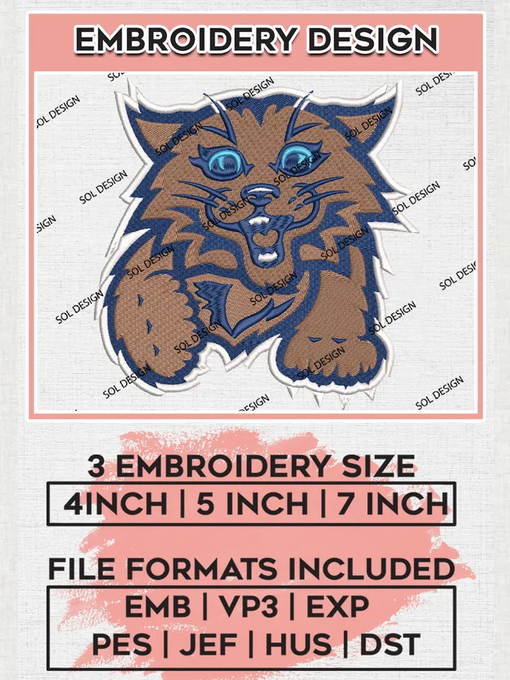 NCAA Villanova Wildcats College Team Head Mascot Logo Embroidery Design Files, NCAA Villanova Wildcats Machine Embroidery, NCAA Teams, 3 sizes, NCAA Machine embroidery designs, Digital Download