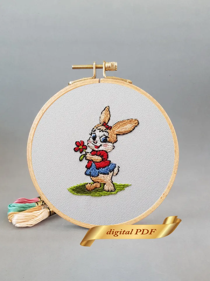 Easter bunny hand embroidery DIY, Rabbit pattern pdf