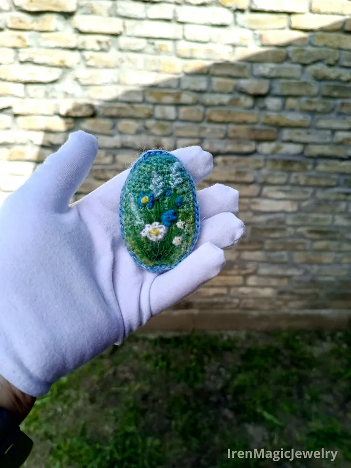 Crocheted Mohair Brooch with Embroidered Wildflowers