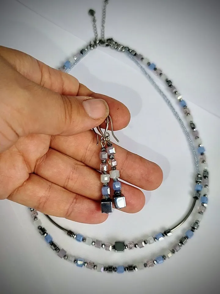 Handmade set of necklaces and earrings with cube beads. Geometric jewelry