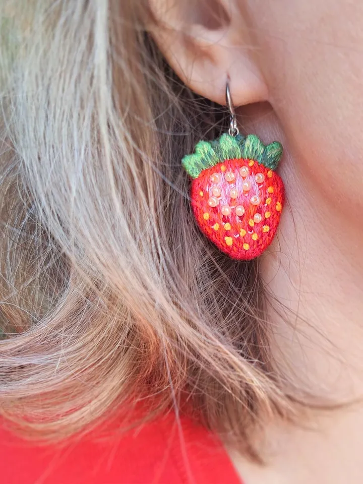 Strawberry Earrings Embroidery Handmade Boho Stylish Sweet Birthday Gift Stylish Whimsical Accessory Quirky Handcrafted Boho Design Jewelry