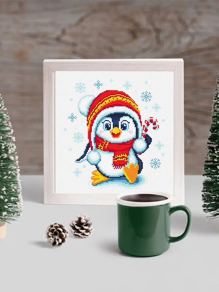 Cute baby penguin cross stitch pattern download PDF, Christmas cross stitch, Easy beginner stitch, Christmas penguin hand embroidery #N63