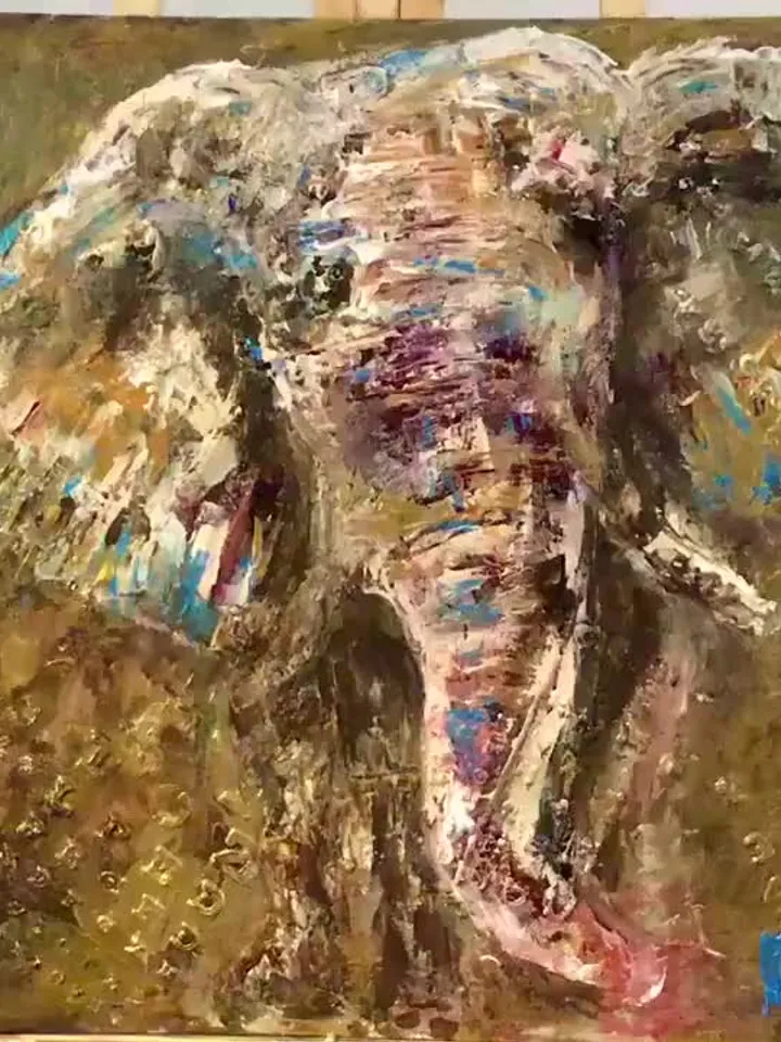 Golden elephant original acrylic mix media textured painting on cardboard,abstract animals wall art,nursery room decoration,personalized