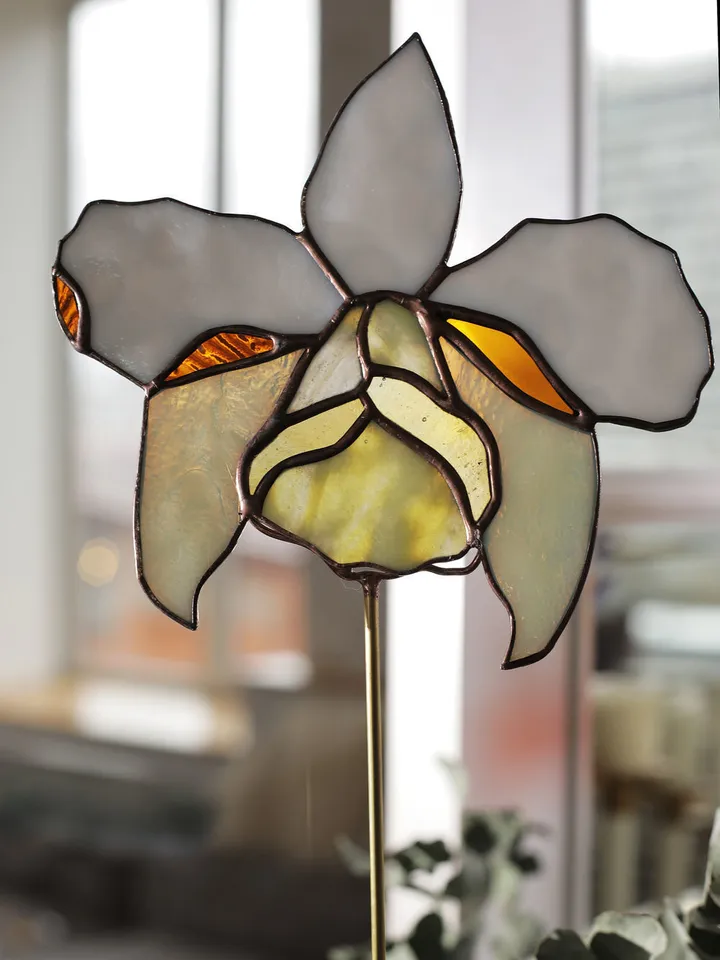Orchid. Stained Glass on Stand, Stained Glass Orchid on Stand, Orchid Stained Glass Artwork, Orchid Stained Glass Sculpture, Stained Glass Orchid Design on Stand, Orchid Glass Art on Stand, Stained Glass Orchid Piece, Stained Glass Orchid Figurine, Artist