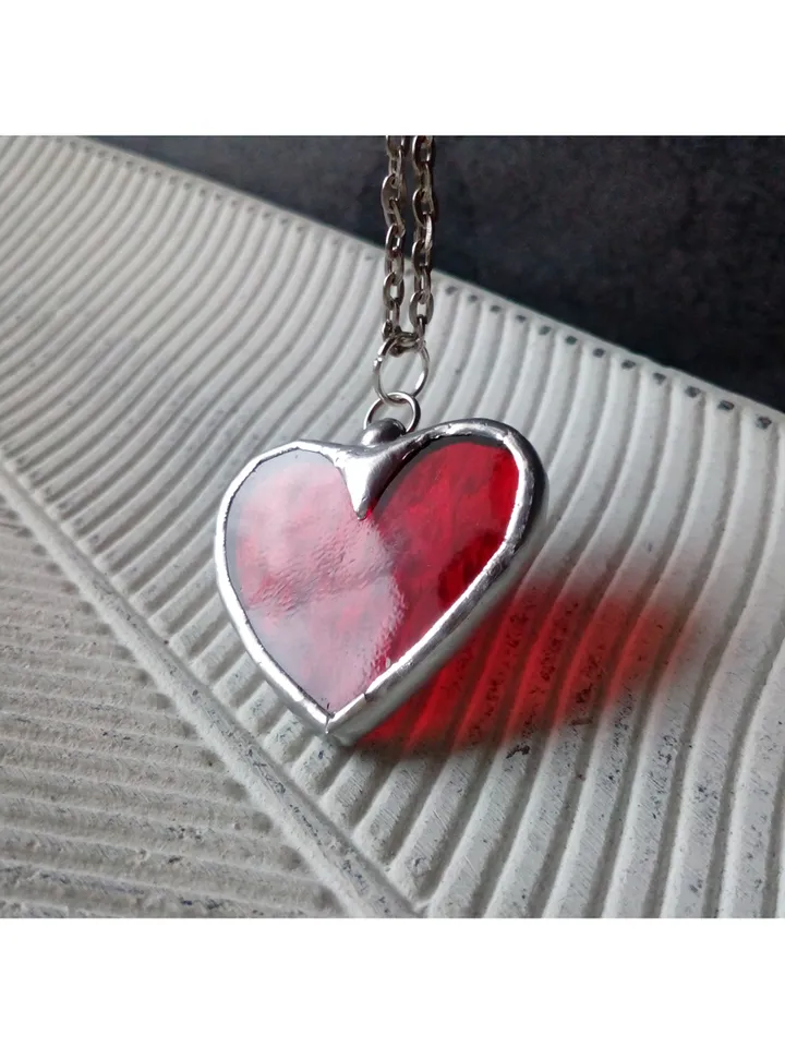 Red heart glass necklace, Love pendant, st Valentine scarlet heart necklace, kawaii pendant