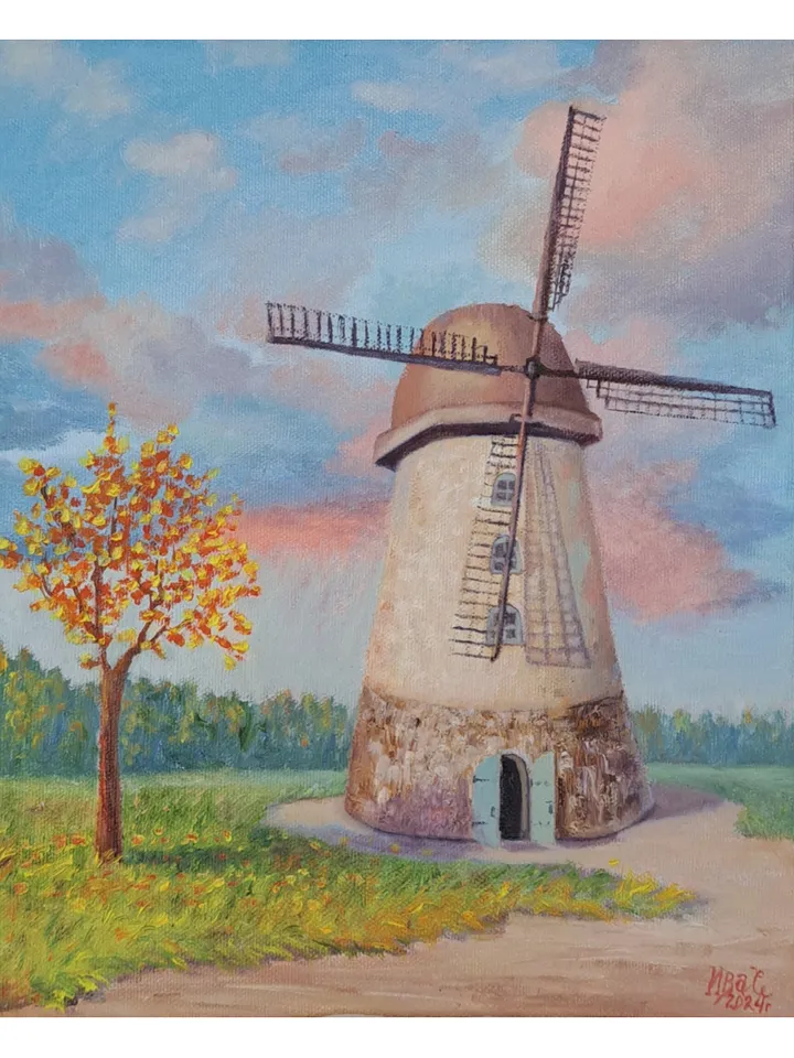 Painting rural landscape oil/canvas "Mill by the road"Painting to order.