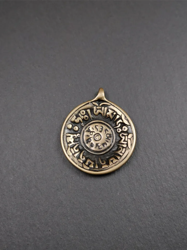 Gandhanra Vintage Tibetan Buddhist Amulet,Om Badge Pendant, Mantra of Om Mani Padme Hum, Made of Lima Brass,1.58&quot;