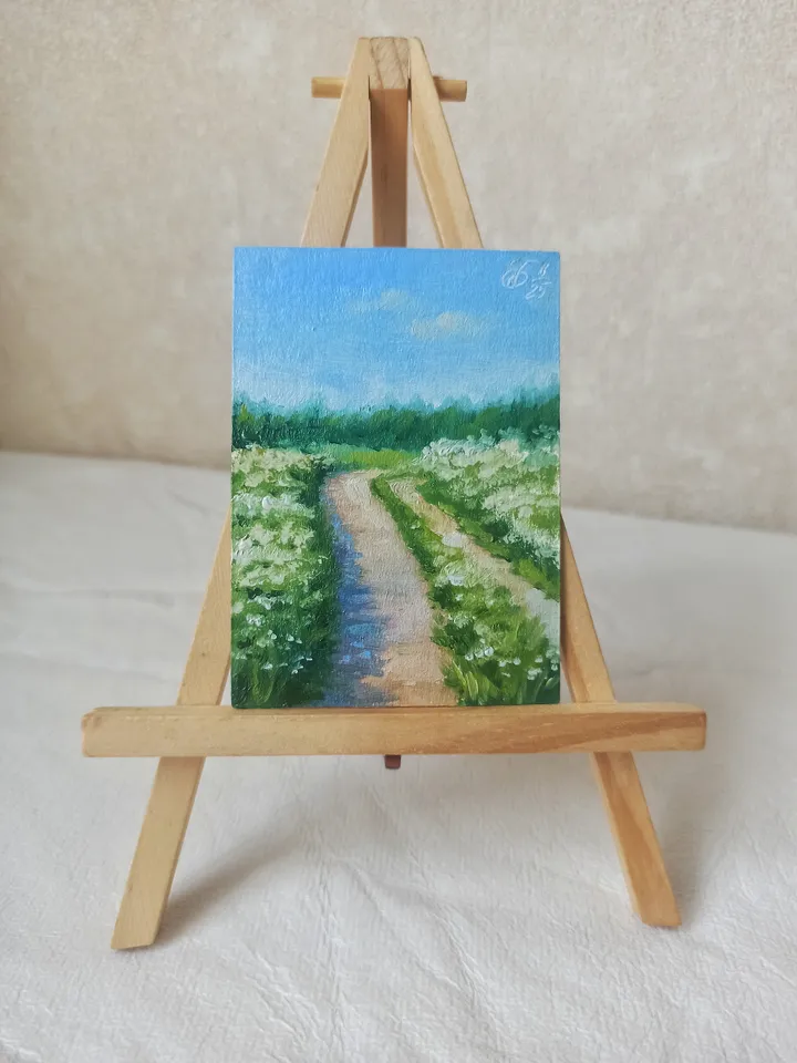 Original oil painting ACEO, Road in a field with white flowers, Summer countryside landscape, Collection card 2,5x3,5 in