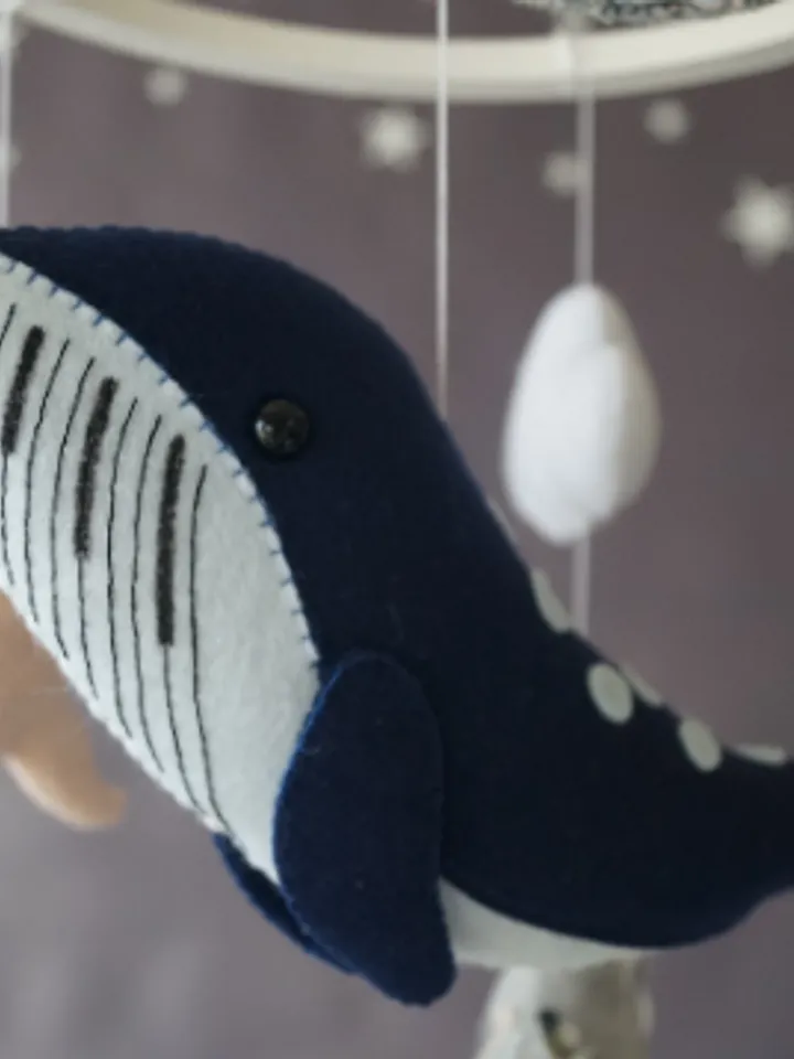 Whale mobile for ocean nursery, Blue whale with fish and Crescent moon, Ocean decor made of handmade felt