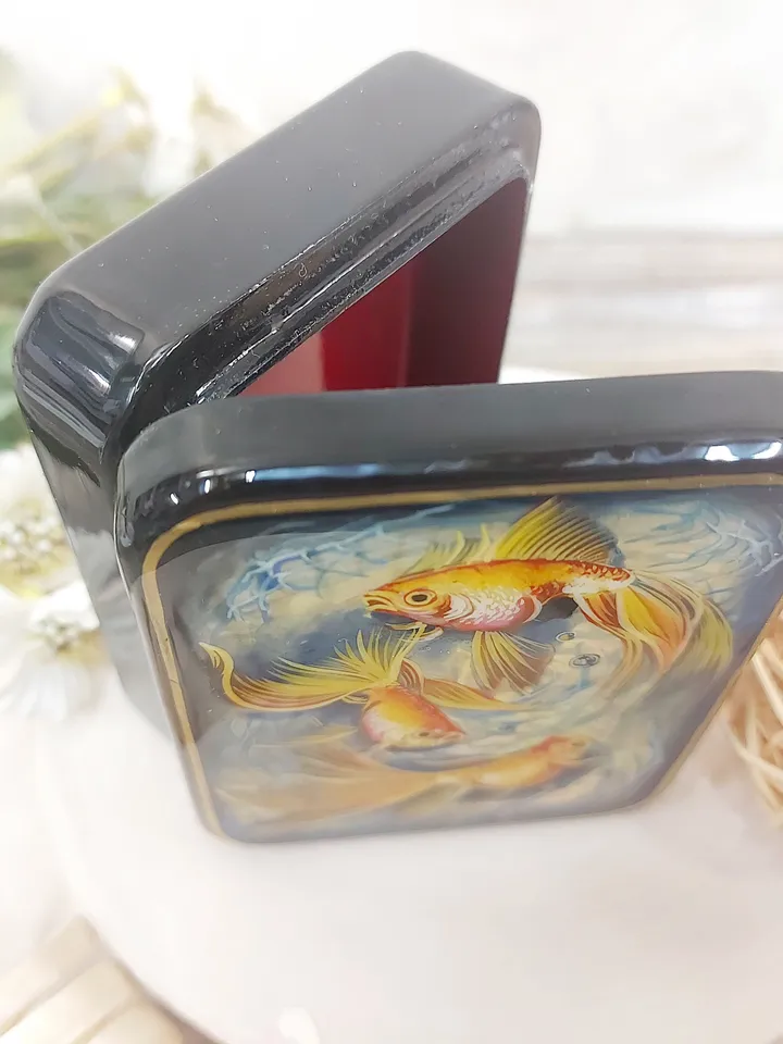 Beautiful Russian Lacquer Box "Fishes",Fedoskino miniature Hand painted ,box for jewelry Mother of pearl, Art gift