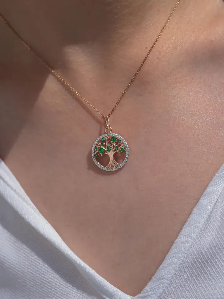 Pendant silver 925 on the neck, gold 585 coating, tree of life, with nano emerald