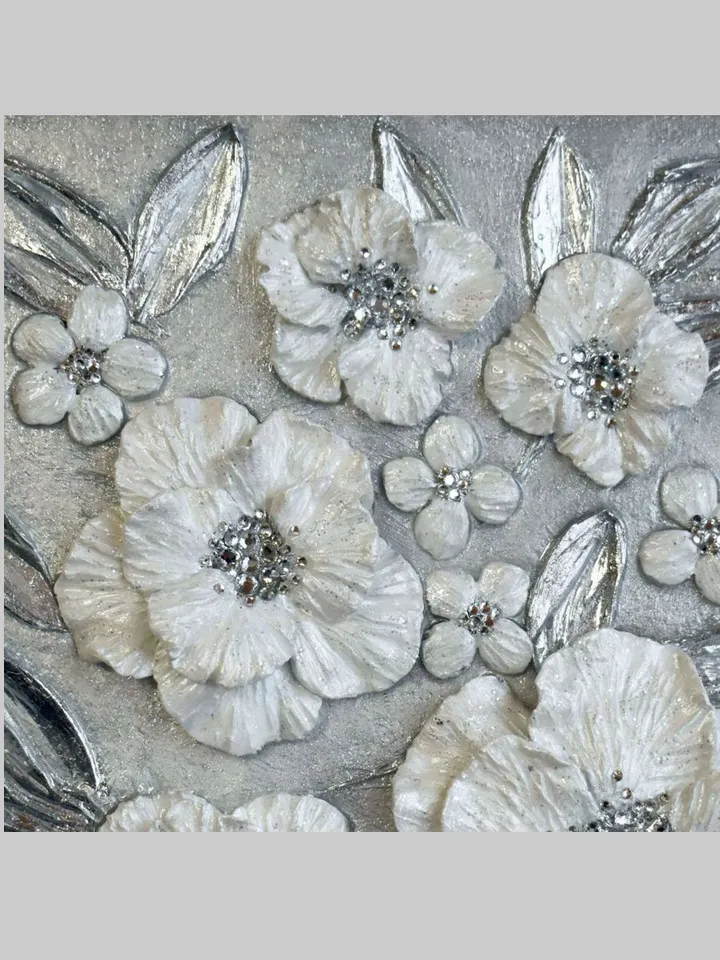White Pearl Poppies Flower Textured artwork | Silver Glittery Original Painting Floral Art with Crystal