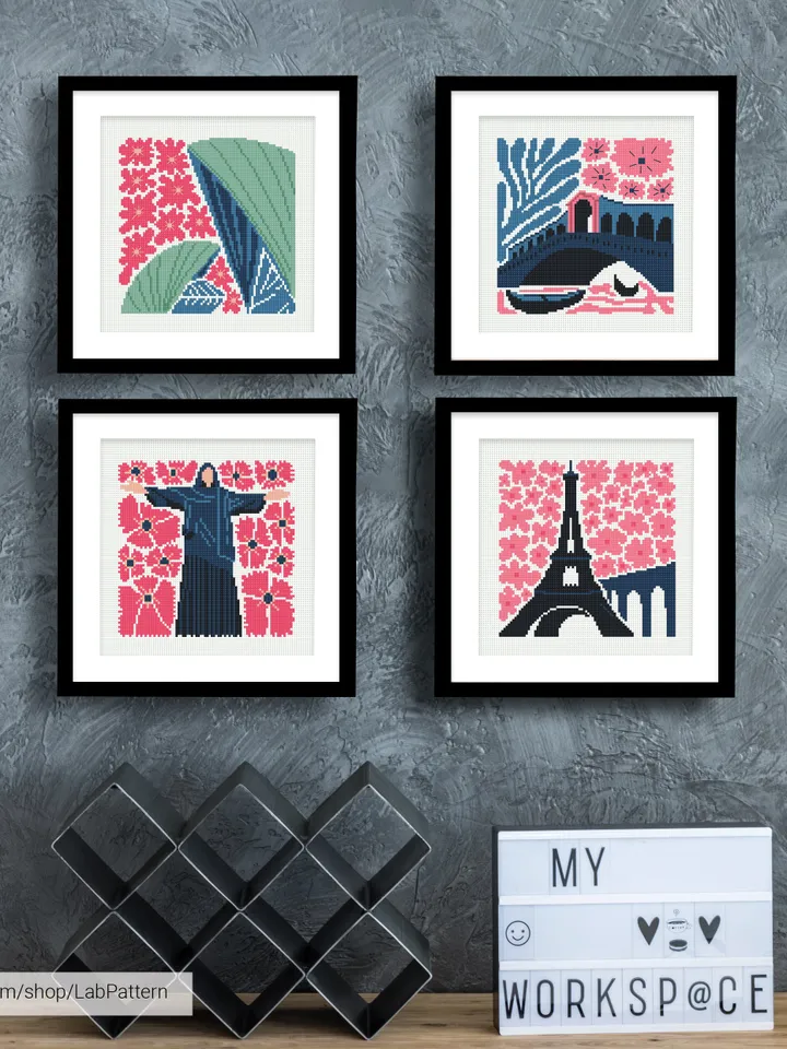 Bundle of 4 mini city Cross stitch patterns contemporary famous architecture Abstract beginner counted modern DIY embroidery instant PDF