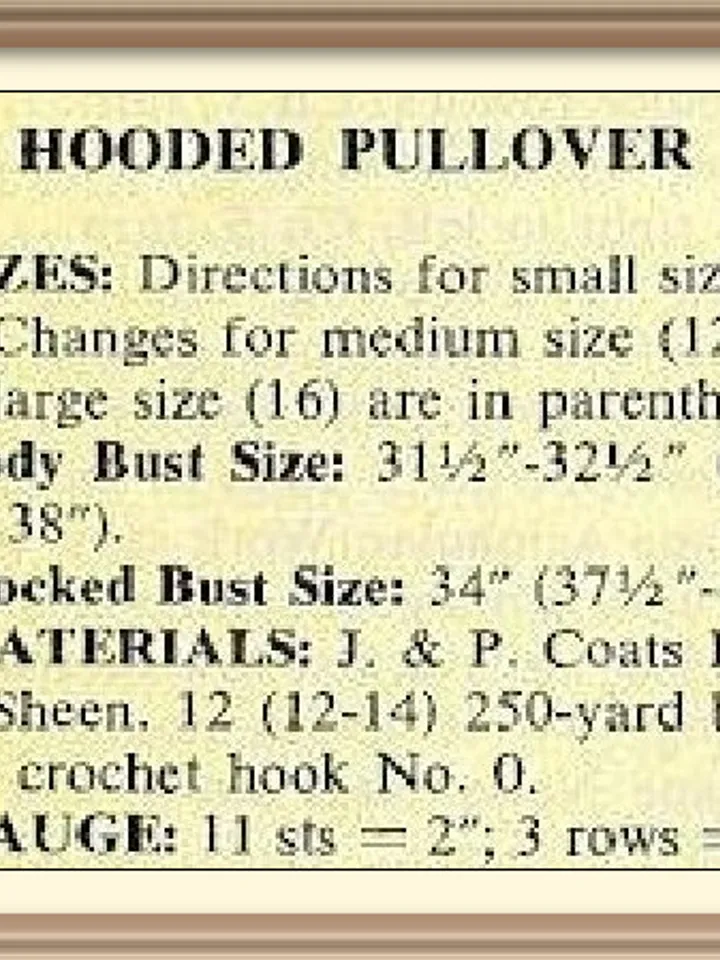 Vintage Crochet Pattern Hooded Pullover Digital Download PDF
