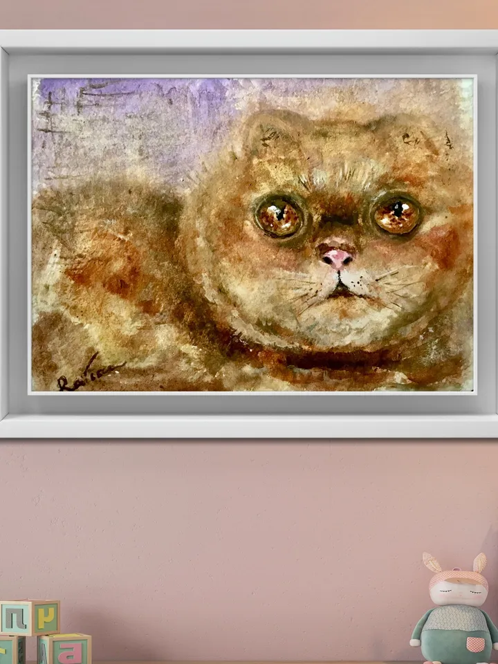 Fat cat original watercolour painting,persian cat painting fluffy red cat watercolour painting,unique handmade gift for cat lovers.