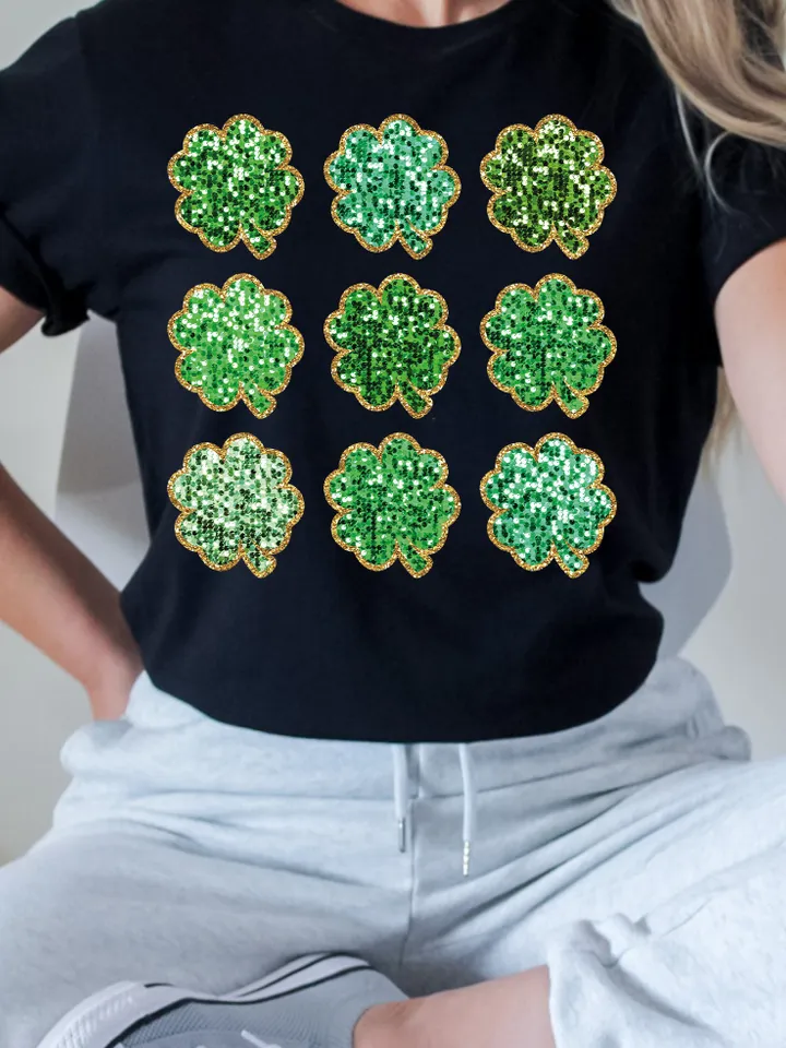 Faux Sequin Clovers PNG St. Patrick's Day PNG St Patty's Shirt Design Faux Glitter Png Green Lucky Clover Sublimation, Trendy St Patrick's