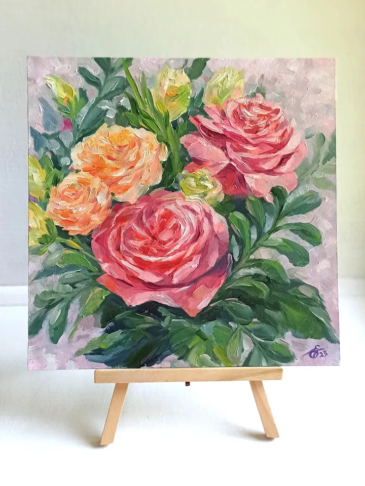 Square painting with roses, Bouquet of variegated flowers, Original oil painting, Painting with flowers.