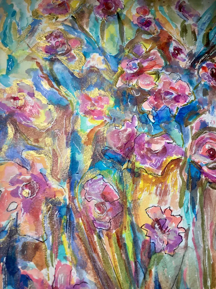 Flower fantasy original watercolor painting, flowers wall art, home decoration,gift,colourful flowers art.