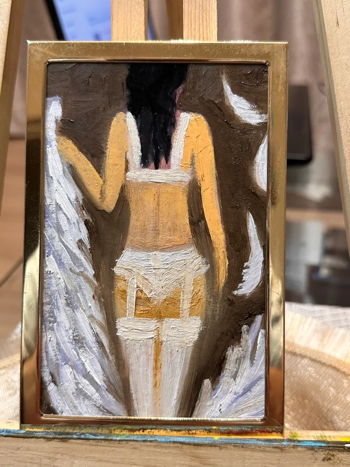 Oil Painting Fallen Angel Portrait of a Woman Figurative People Miniature Cardboard 6x4 inches 15 cm x10 cm In a Gold Frame Modern Art Impressionism Wall Decor