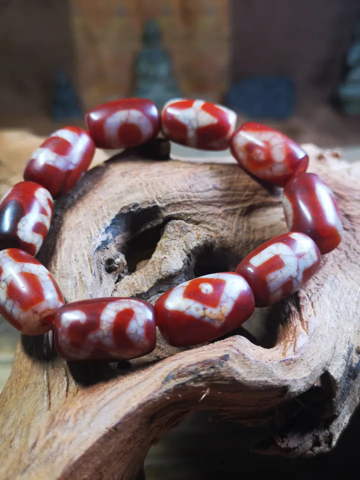 Gandhanra Old Tibetan Dzi Bead Bracelet, Fire Agate Beads Bracelet,Mixed Swastika,Vase,Lotus,Tiger Tooth,and Phum Dzi Beads