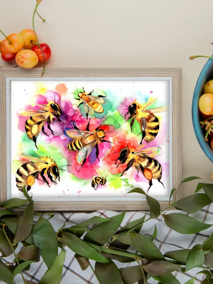 Bees original watercolour, bee painting, flowers wall decor, 8x11 in art for natura lovers by Anne Gorywine