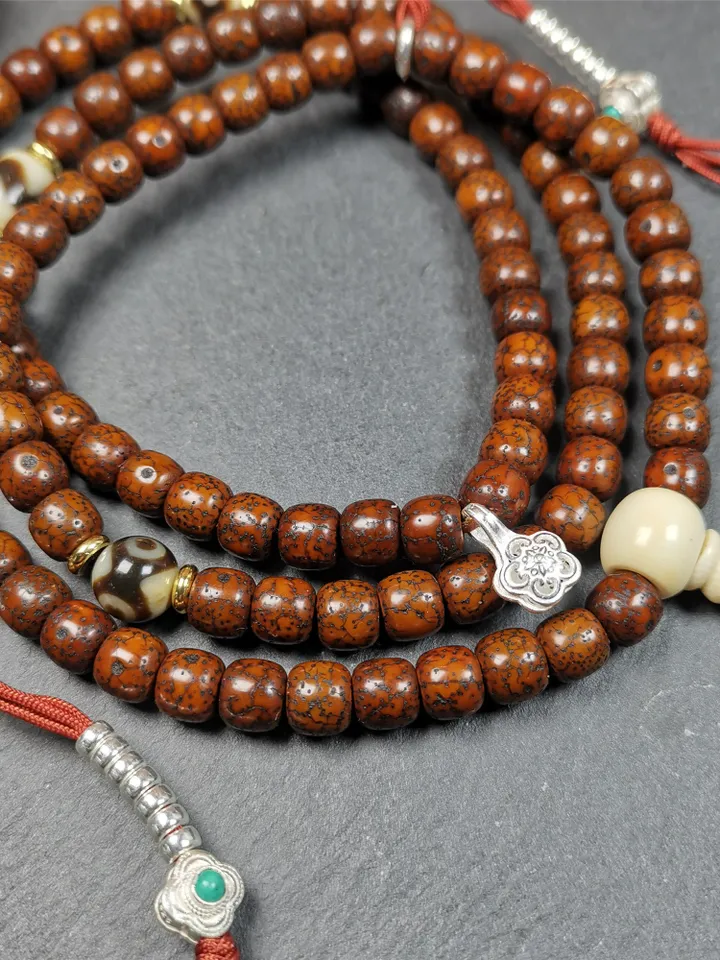 Gandhanra Old 108 Tibetan Lotus Seed Beads Mala,Prayer Beads Necklace for Meditation,Diameter 0.31", Circumference 33"