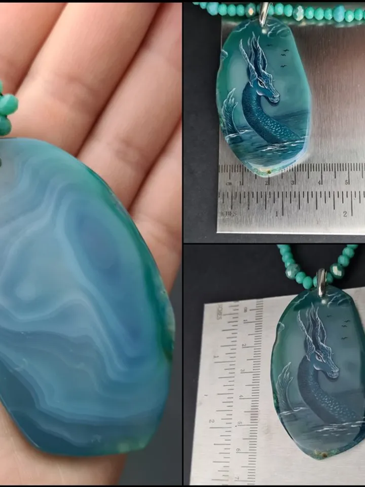 Dragon necklace Painting Dragon on Agate Stone charm Christmas Gift Wrapping
