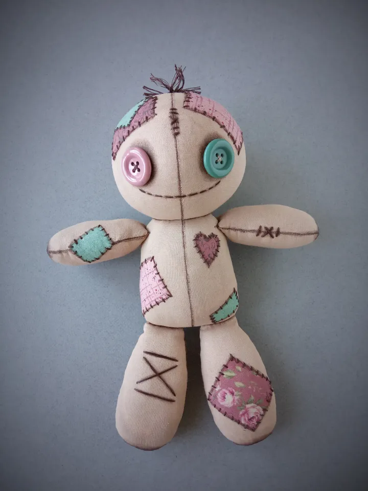 Handmade Doll With Button Eyes - Pink & Green