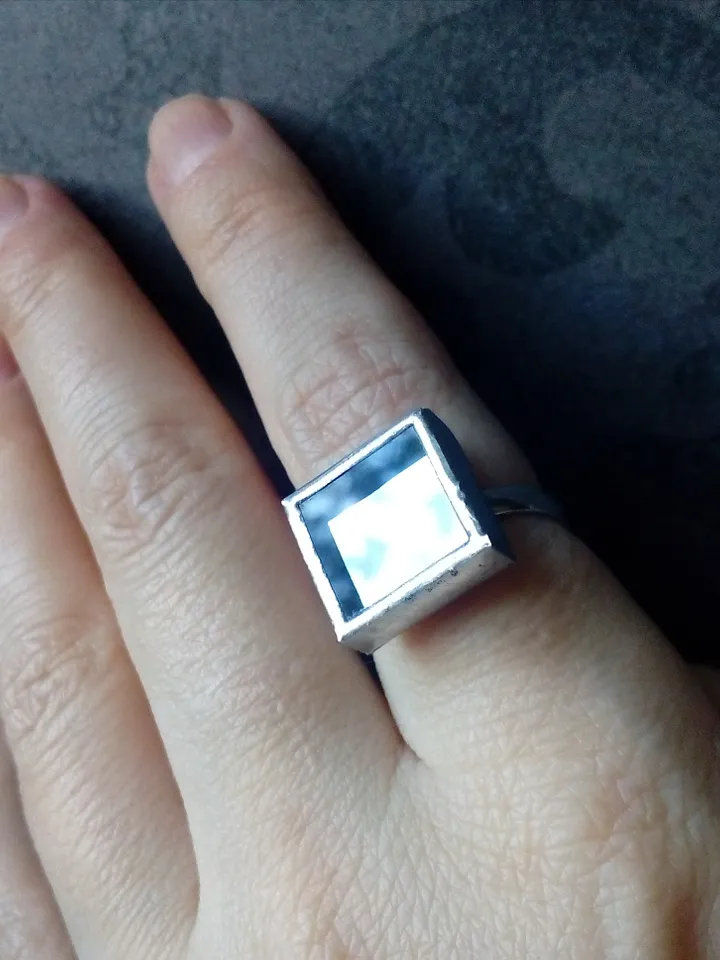 Mirror ring, squar ring, simple stained glass, tin soldered glass ring, old amalgam, scrying mirror ring, glass ring