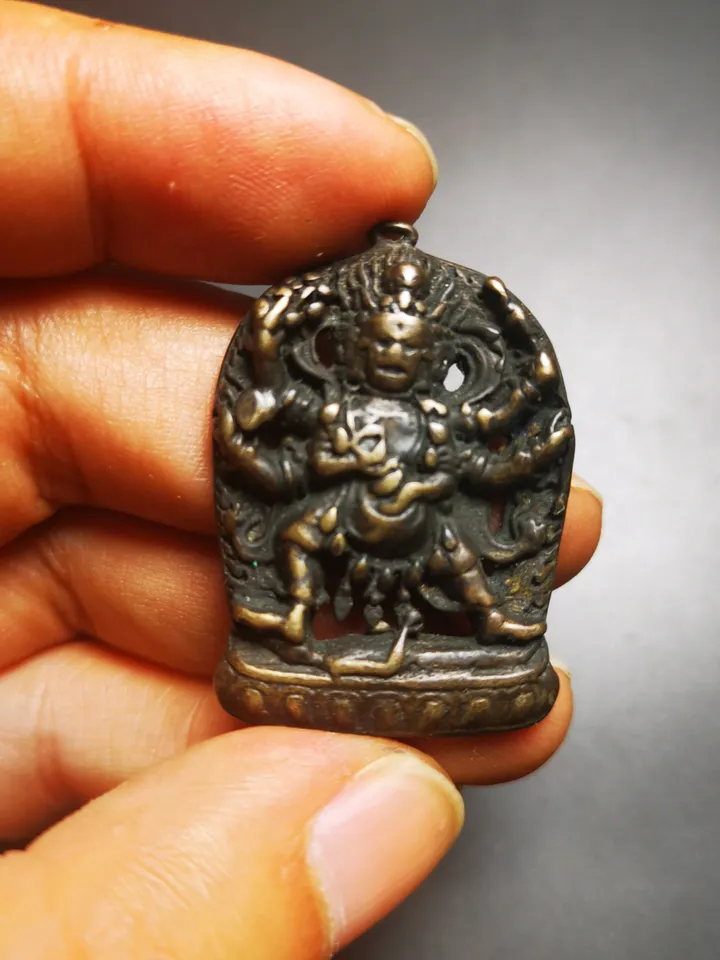 Gandhanra Antique Tibetan Thokcha Amulet Pendant,Mahakala, Buddhist Protector Deity, Made of Thunder Iron