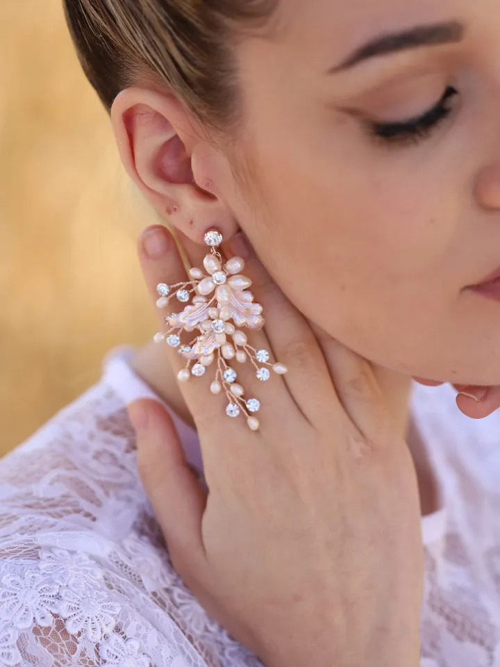 Rose Gold Vintage Leaf Wedding Earrings, Freshwater Pearl Floral Boho Wedding Earrings, Long Chandelier Statement Earrings, Bridal Jewelry