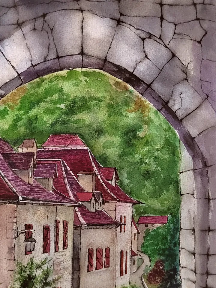 Saint-Cirq Lapopie Original Artwork Old French Village Watercolor Painting 11.81x15.74 in by Art Café