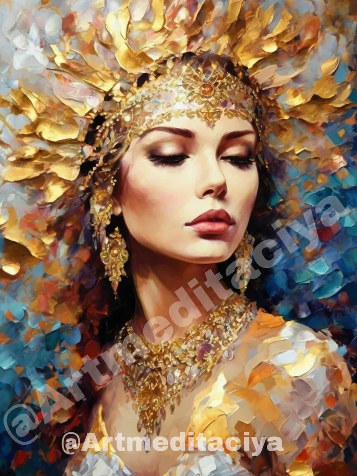 Digital abstract textural modern painting "Slavyanka in ethnic jewelry in gold" on an abstract multicolored background in the style of oil pasty painting with a palette knife