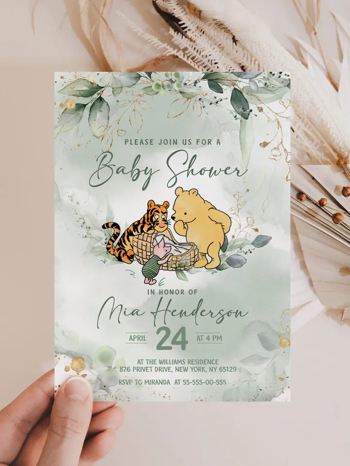 Classic Winnie Pooh Baby Shower Invitation; Pooh Baby Shower Editable Template; Greenery Floral Baby Shower; Baby Shower trend of 2023