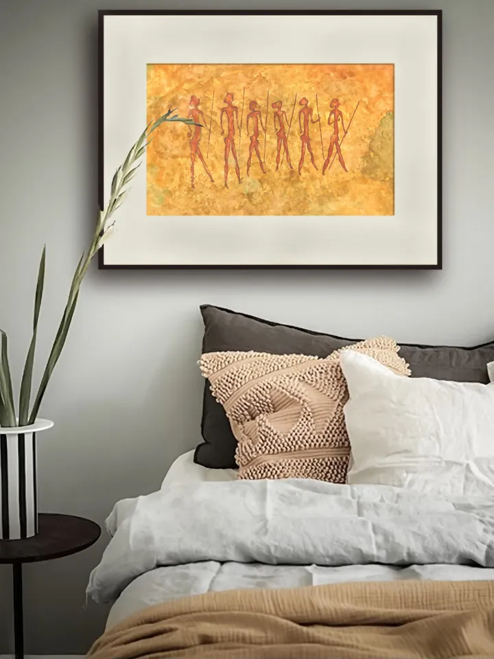 Prehistoric man wall art | Original Pastel and Watercolor Artwork Ancient Cave Painting Style | Warriors Prehistoric art | Handmade Artwork | Hunters stylization of rock art | Drawings of a prehistoric man
