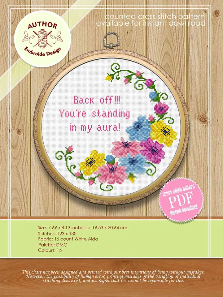 Funny framed quote cross stitch pattern PDF Floral frame cross stitch chart, Flower wreath cross stitch Instant download PDF, Back off #Q33