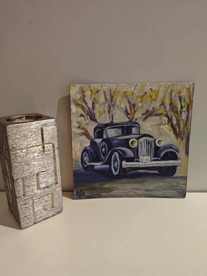 Retro Car Original Painting Car Original Art Retro Old Car Artwork Black Old Car Wall Art Decor 8 x 8 inches be OlgaSokolovaArt