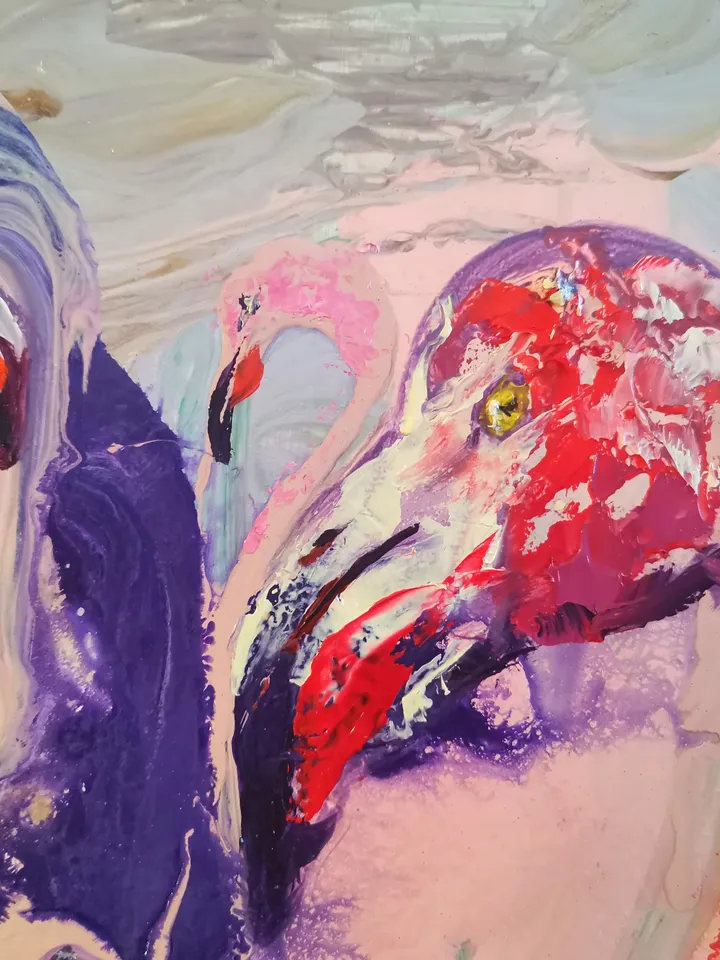 Pink Flamingo Abstract Love Art Original Oil Painting Author Artist Svinar Oksana