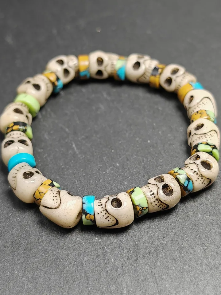 Authentic Tibetan Citipati Skulls Bead Bracelet | Unique Yak bone Carved Wrist Mala with Mixed Turquoise,Gandhanra Tibetan Jewelry