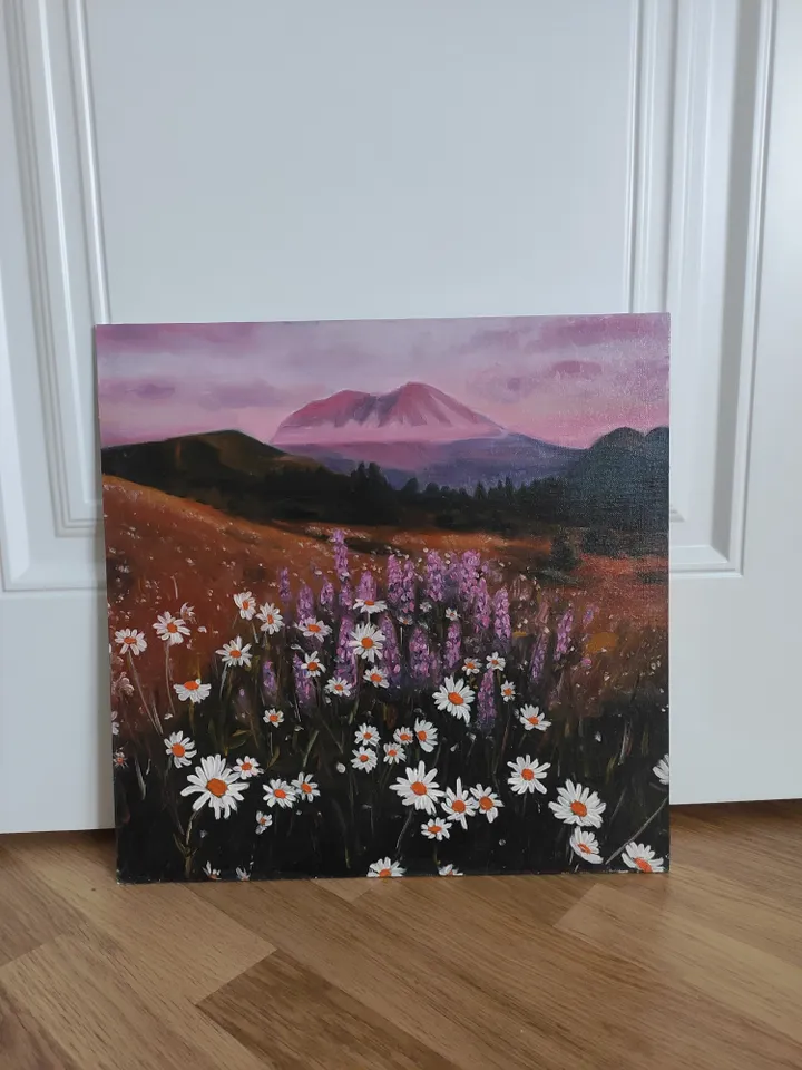 Oil painting landscape with daisies