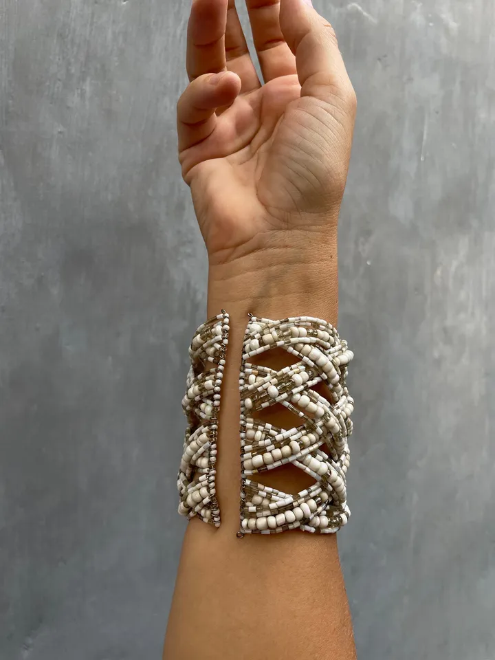 Wide Beaded Handmade Women Bracelet | White Bracelet | Bead Bracelet | Cream Summer Bracelet | Chic Bracelet | Evening  Classy Bracelet
